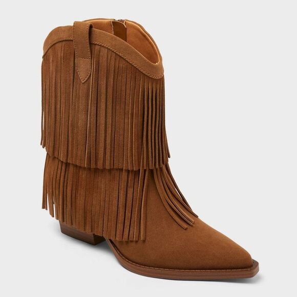 Universal Thread Shoes - Women’s Austin Fringe Western Ankle Boots with Memory Foam Insole – Tan 11
